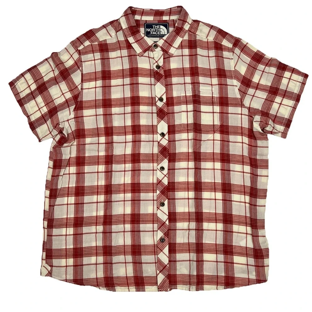The North Face Mens 2XL Red Plaid Short Sleeve Button Down Shirt 100% Cotton